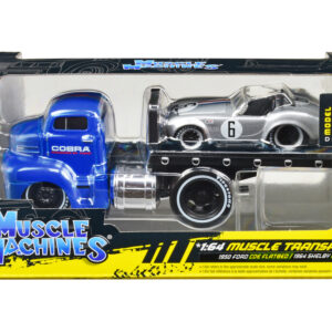 1950 Ford COE Flatbed Truck Blue "Cobra Powered by Ford" and 1964 Shelby Cobra #6 Silver Metallic with Stripes "Muscle Transports" Series 1/64 Diecast Model Cars by Muscle Machines