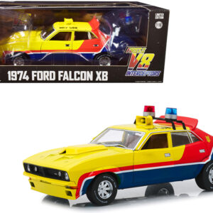 1974 Ford Falcon XB 4-Door Sedan RHD (Right Hand Drive) Yellow and Blue with Red Stripes "MFP 508" "First of the V8 Interceptors" (1979) Movie 1/18 Diecast Model Car by Greenlight