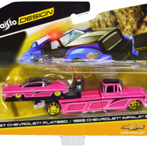 1957 Chevrolet Flatbed Truck and 1959 Chevrolet Impala SS Hot Pink with Black Top and Graphics "Elite Transport" Series 1/64 Diecast Models by Maisto