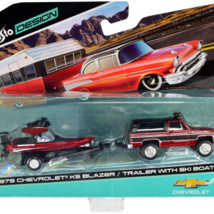 1979 Chevrolet K5 Blazer Red Metallic and Matt Black and Ski Boat Red Metallic and Matt Black with Trailer "Tow & Go" Series 1/64 Diecast Models by Maisto