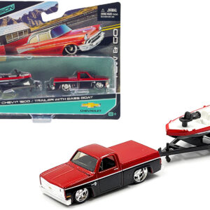 1987 Chevrolet 1500 Pickup Truck Candy Red and Black and Bass Boat with Trailer Red and Black "Tow & Go" Series 1/64 Diecast Model Car by Maisto
