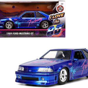 1989 Ford Mustang GT "Fox Body" Candy Blue with Graphics "I Love the 1980's" Series 1/24 Diecast Model Car by Jada