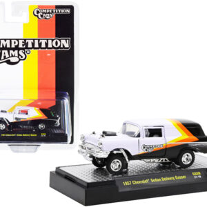1957 Chevrolet Sedan Delivery Gasser "Competition Cams" White and Black with Yellow and Orange Stripes Limited Edition to 7480 pieces Worldwide 1/64 Diecast Model Car by M2 Machines