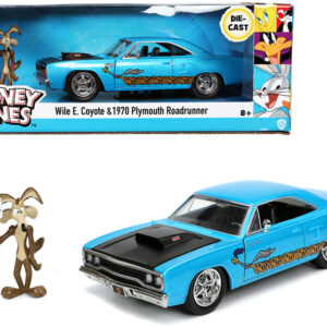 1970 Plymouth 440-6BBL RoadRunner Light Blue Metallic with Black Hood and Wile E. Coyote Diecast Figurine "Looney Tunes" 1/24 Diecast Model Car by Jada