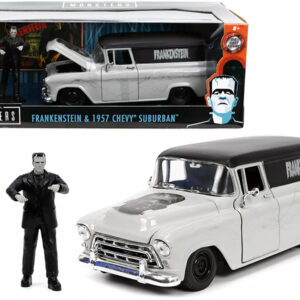 1957 Chevrolet Suburban Gray and Black with Graphics and Frankenstein Diecast Figurine "Universal Monsters" "Hollywood Rides" Series 1/24 Diecast Model Car by Jada