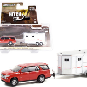 2021 Chevrolet Tahoe Cherry Red Pearl with White Horse Trailer "Hitch & Tow" Series 23 1/64 Diecast Model Car by Greenlight