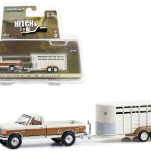 1991 Ford F-250 XLT Lariat Pickup Truck Colonial White and Desert Tan Metallic with Livestock Trailer "Hitch & Tow" Series 30 1/64 Diecast Model Car by Greenlight