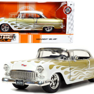 1955 Chevrolet Bel Air White and Gold with Flames "Bigtime Muscle" Series 1/24 Diecast Model Car by Jada