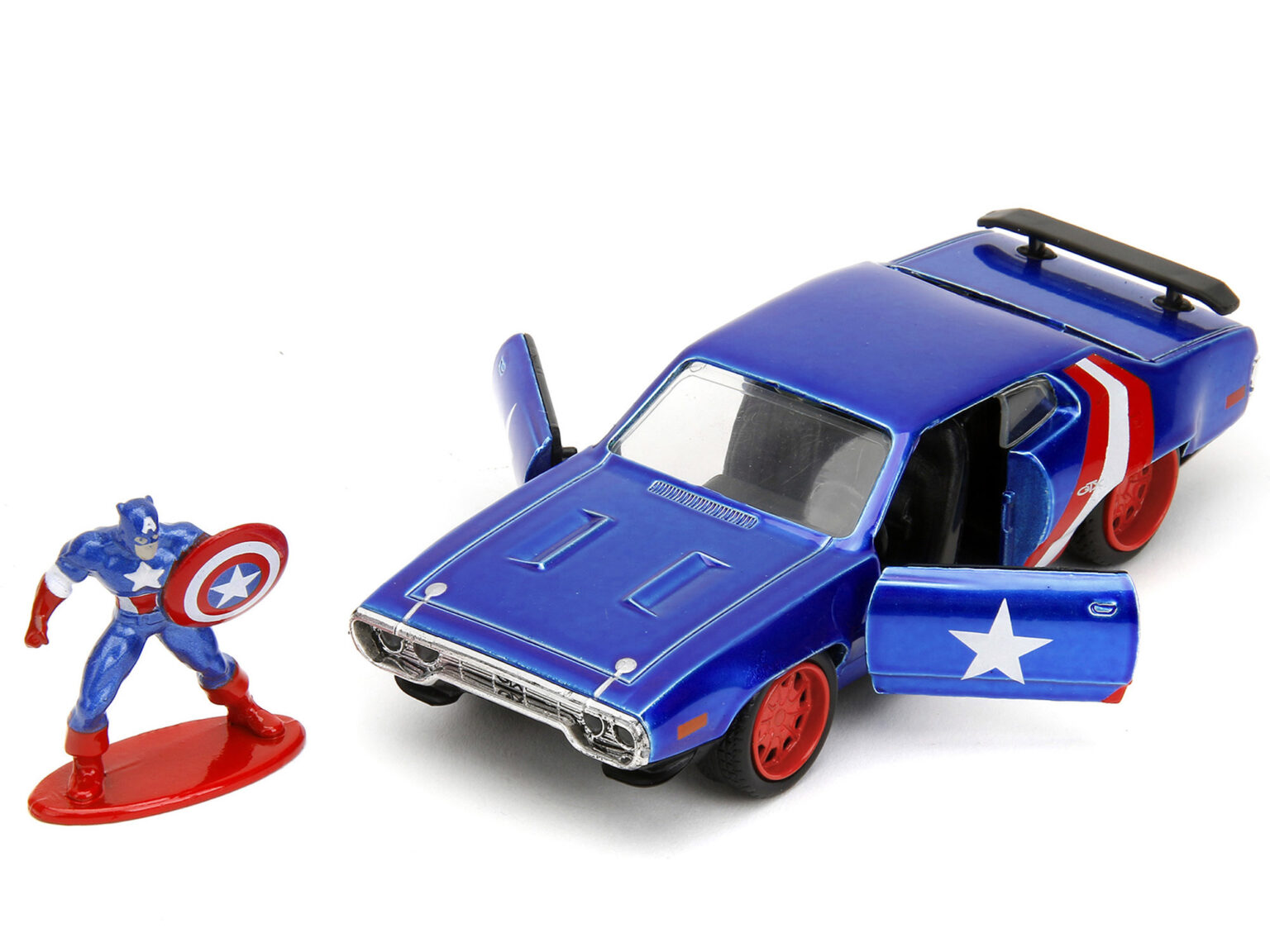 1972 Plymouth GTX Candy Blue with Red and White Stripes and Captain America Diecast Figure "The Avengers" "Hollywood Rides" Series 1/32 Diecast Model Car by Jada
