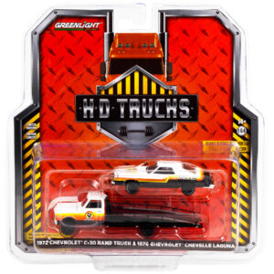 1972 Chevrolet C-30 Ramp Truck with 1976 Chevrolet Chevelle Laguna Black and White with Stripes "Armor All" "H.D. Trucks" Series 23 1/64 Diecast Model Car by Greenlight
