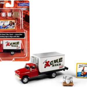 1955 Chevrolet Box Truck Red and White with Building Sign and 3 Beer Kegs with Skid "Acme Beer" 1/87 (HO) Scale Models by Classic Metal Works