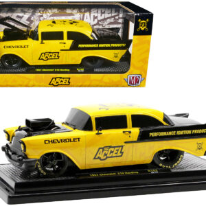 1957 Chevrolet 210 Hardtop Yellow and Black with Graphics "Accel" Limited Edition to 2650 pieces Worldwide 1/24 Diecast Model Car by M2 Machines