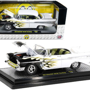 1957 Chevrolet Bel Air Hardtop Bright White with Flames "Mooneyes" Limited Edition to 6450 pieces Worldwide 1/24 Diecast Model Car by M2 Machines