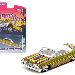 1964 Chevrolet Impala Lowrider Gold Metallic with Graphics and White Top and Interior "Lowriders" Series Limited Edition to 3600 pieces Worldwide 1/64 Diecast Model Car by Greenlight