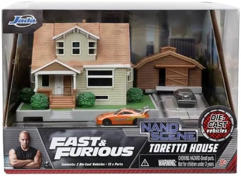 Toretto House Diorama with Dodge Charger Black and Toyota Supra Orange with Graphics "Fast and Furious" "Nano Scene" Series Models by Jada - Image 7