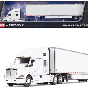 Kenworth T680 with 76" High Roof Sleeper and 53' Smooth Sided Dry Goods Trailer White 1/64 Diecast Model by DCP/First Gear