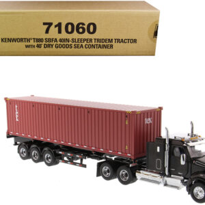 Kenworth T880 SBFA 40" Sleeper Cab Tridem Truck Tractor Black Metallic with Flatbed Trailer and 40' Dry Goods Sea Container "TEX" "Transport Series" 1/50 Diecast Model by Diecast Masters