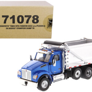 Kenworth T880S SFFA Tandem Axle with Pusher Axle OX Stampede Dump Truck Blue and Chrome "Transport Series" 1/50 Diecast Model by Diecast Masters