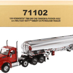 Kenworth T880 Day Cab Tandem Truck with Pusher-Axle and Heil Fleet Duty 9300/DT-C4 Petroleum Tanker Trailer Red and Chrome "Transport Series" 1/50 Diecast Model by Diecast Masters