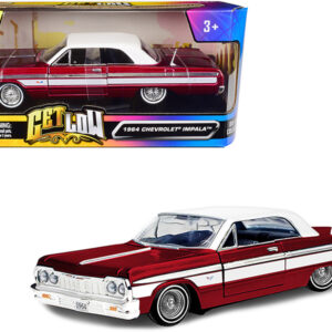 1964 Chevrolet Impala Lowrider Hard Top Candy Red Metallic with White Top "Get Low" Series 1/24 Diecast Model Car by Motormax