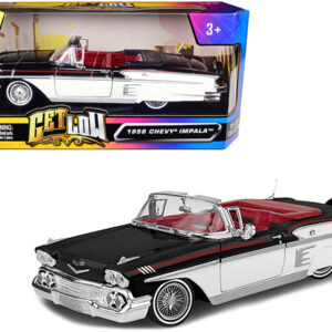 1958 Chevrolet Impala Convertible Lowrider Black and White with Red Interior "Get Low" Series 1/24 Diecast Model Car by Motormax