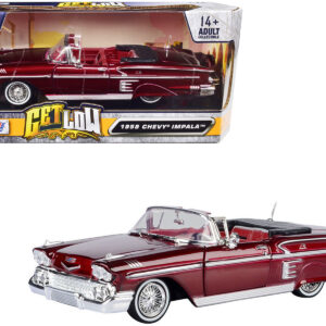 1958 Chevrolet Impala Convertible Lowrider Dark Red Metallic with Red Interior "Get Low" Series 1/24 Diecast Model Car by Motormax