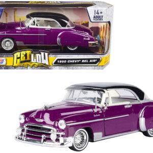 1950 Chevrolet Bel Air Lowrider Purple Metallic with Black Top and White Interior "Get Low" Series 1/24 Diecast Model Car by Motormax