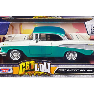1957 Chevrolet Bel Air Lowrider Turquoise Metallic and White "Get Low" Series 1/24 Diecast Model Car by Motormax