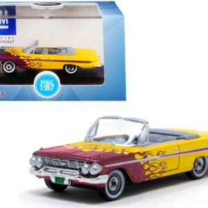 1961 Chevrolet Impala Convertible Yellow with Purple Flames "Hot Rod" 1/87 (HO) Scale Diecast Model Car by Oxford Diecast