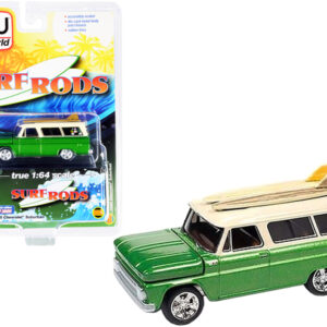1965 Chevrolet Suburban Green Metallic and Cream with Two Surfboards "Surf Rods" Limited Edition to 3600 pieces Worldwide 1/64 Diecast Model Car by Auto World