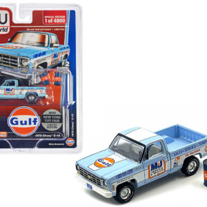 1978 Chevrolet C10 Pickup Truck Light Blue with White Stripes "Gulf Oil - M&J Service & Repair" with Barrel Accessories "2023 New York Toy Fair" Limited Edition to 4800 pieces Worldwide 1/64 Diecast Model Car by Auto World