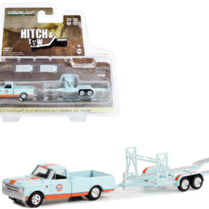 1968 Chevrolet C-10 Shortbed Pickup Truck Light Blue and Orange and Tandem Car Trailer "Gulf Oil" "Hitch & Tow" Series 27 1/64 Diecast Model Car by Greenlight