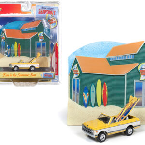 1970 Chevrolet Blazer Convertible Pickup Truck Yellow and White with Surf Boards and "Surf Shop" Front Facade Diorama Set "American Snapshots" 1/64 Diecast Model Car by Johnny Lightning