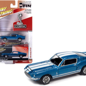 1968 Ford Mustang Shelby GT-350 Acapulco Blue Metallic with White Stripes and Collector Tin Limited Edition to 4540 pieces Worldwide 1/64 Diecast Model Car by Johnny Lightning