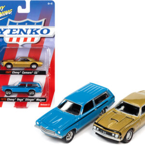 1967 Chevrolet Camaro SS Gold Metallic and 1972 Chevrolet Vega Stinger Wagon Blue "YENKO" Set of 2 Cars 1/64 Diecast Model Cars by Johnny Lightning