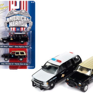 1997 Chevrolet Tahoe "Texas Highway Patrol - Department of Public Safety" Black and White and Jeep Cherokee XJ "Florida State Trooper K9 Unit" Black with Tan Top "American Heroes" Series Set of 2 Cars 1/64 Diecast Model Cars by Johnny Lightning