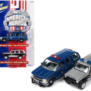 1997 Chevrolet Tahoe "New York State Trooper" Blue with Gold Stripes and Jeep Cherokee XJ "North Carolina State Trooper" Black and Silver "American Heroes" Series Set of 2 Cars 1/64 Diecast Model Cars by Johnny Lightning