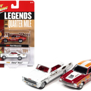 1970 Ford Maverick Red Orange and White "Dyno" Don Nicholson and 1966 Chevrolet Nova White Bill "Grumpy" Jenkins "Legends of the Quarter Mile" Series Set of 2 Cars 1/64 Diecast Model Cars by Johnny Lightning