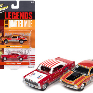 1970 Ford Maverick Red Orange and Black "Dyno" Don Nicholson and 1966 Chevrolet Nova Red and White Bill "Grumpy" Jenkins "Legends of the Quarter Mile" Series Set of 2 Cars 1/64 Diecast Model Cars by Johnny Lightning