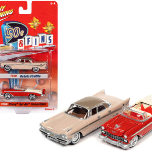 1959 Desoto Fireflite Spring Rose Pink with Golden Tan Top and 1956 Chevrolet Bel Air Convertible Matador Red and White "'50s & Fins" Series Set of 2 Cars 1/64 Diecast Model Cars by Johnny Lightning