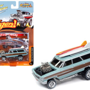 1964 Ford Country Squire Surfin' Baby Blue with Woodgrain Panels and Surfboard on Roof "Zingers!" Limited Edition to 4764 pieces Worldwide "Street Freaks" Series 1/64 Diecast Model Car by Johnny Lightning