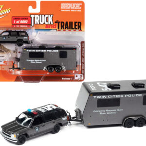 1997 Chevrolet Tahoe "SWAT" Custom Gray Metallic and Black with "Twin Cities Police" Camper Trailer Limited Edition to 9892 pieces Worldwide "Truck and Trailer" Series 1/64 Diecast Model Car by Johnny Lightning