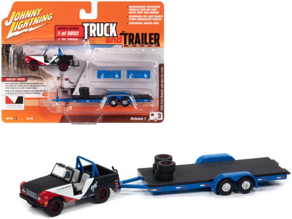 1966 Ford Bronco "Ford Performance" Black with Red and White Accents with Open Trailer Limited Edition to 9892 pieces Worldwide "Truck and Trailer" Series 1/64 Diecast Model Car by Johnny Lightning