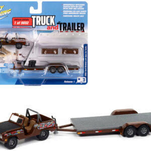 1966 Ford Bronco Dark Brown with Black Hood and Graphics with Open Trailer Limited Edition to 9892 pieces Worldwide "Truck and Trailer" Series 1/64 Diecast Model Car by Johnny Lightning