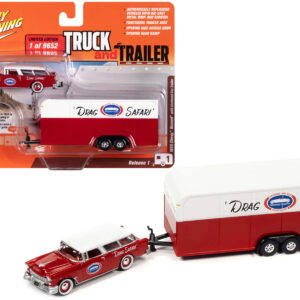1955 Chevrolet Nomad "NHRA Drag Safari" Commercial Red with White Top with Enclosed Car Trailer Limited Edition to 9652 pieces Worldwide "Truck and Trailer" Series 1/64 Diecast Model Car by Johnny Lightning