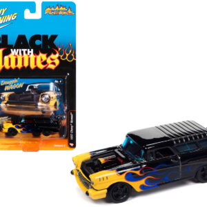 1957 Chevrolet Nomad "Draggin' Wagon" Black with Blue and Yellow Flames "Black with Flames" Limited Edition to 2500 pieces Worldwide "Street Freaks" Series 1/64 Diecast Model Car by Johnny Lightning