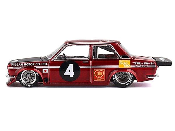 Datsun 510 Pro Street JPN V1 #4 Dark Red Metallic with Black Hood and Red Interior (Designed by Jun Imai) "Kaido House" Special 1/64 Diecast Model Car by True Scale Miniatures