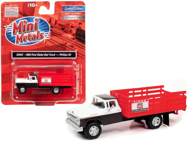 1960 Ford Stake Bed Truck "Phillips 66" Black and White with Red Stakes 1/87 (HO) Scale Model Car by Classic Metal Works