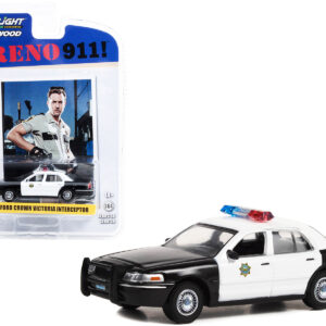 1998 Ford Crown Victoria Police Interceptor Black and White Reno Sheriff's Department "Lieutenant Jim Dangle" "Reno 911!" (2003-2009) TV Series "Hollywood Series" Release 38 1/64 Diecast Model Car by Greenlight