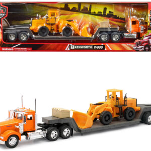 Kenworth W900 Truck with Lowboy Trailer Orange and Wheel Loader Yellow "Long Haul Trucker" Series 1/32 Diecast Model by New Ray